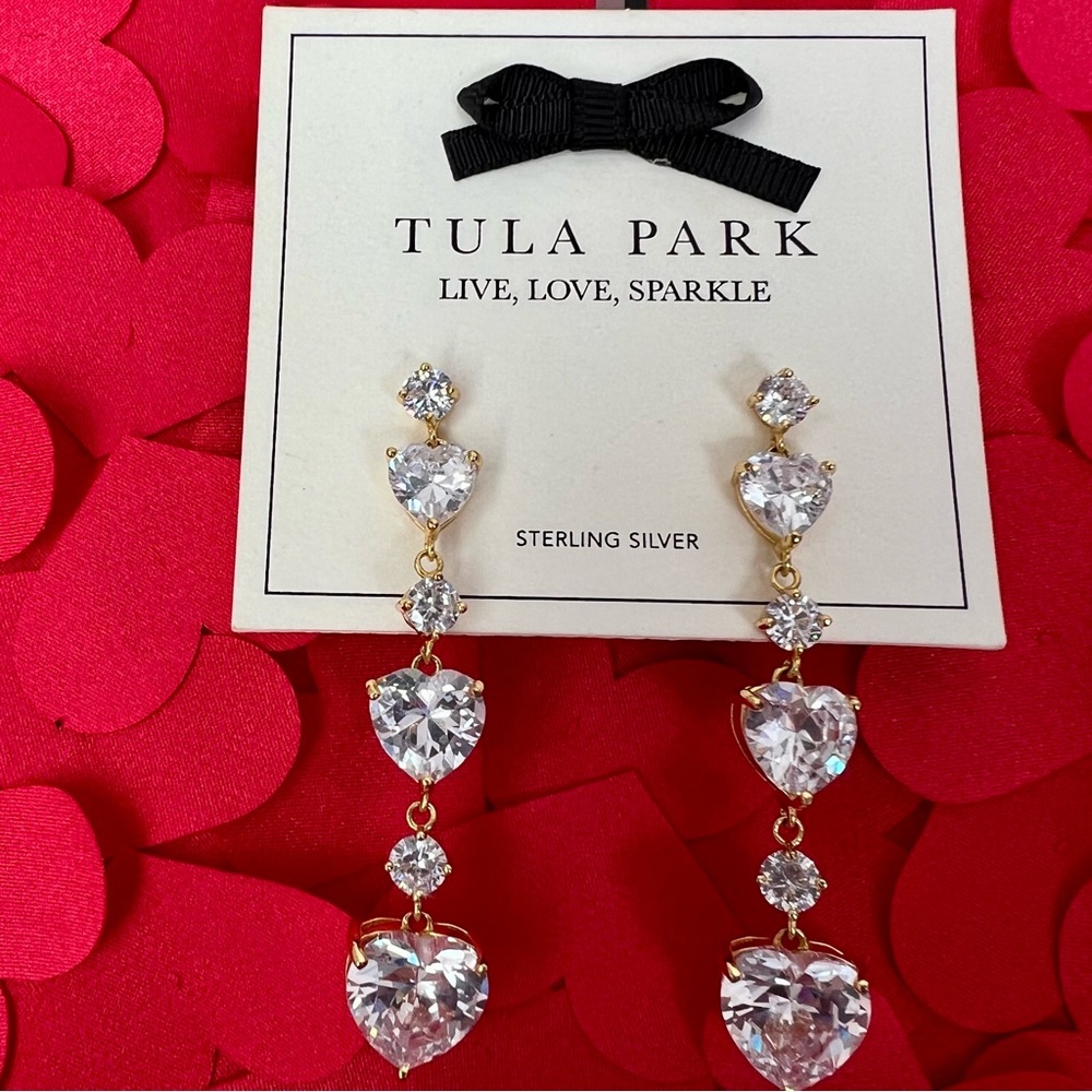 🖤♥️🎀 Sterling Silver Heart Goldtone Cascading Dangling Stud Earrings Tula Park